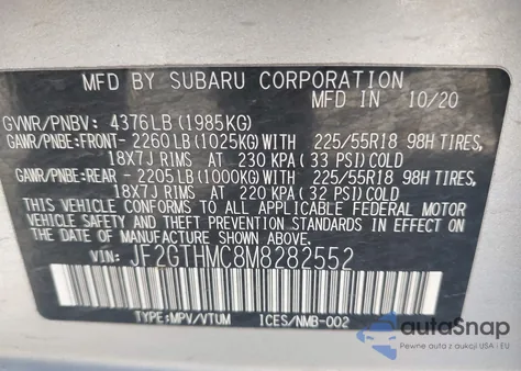 2021 Subaru Crosstrek Limited z USA, uszkodzony, nr VIN JF2GTHMC8M8282552